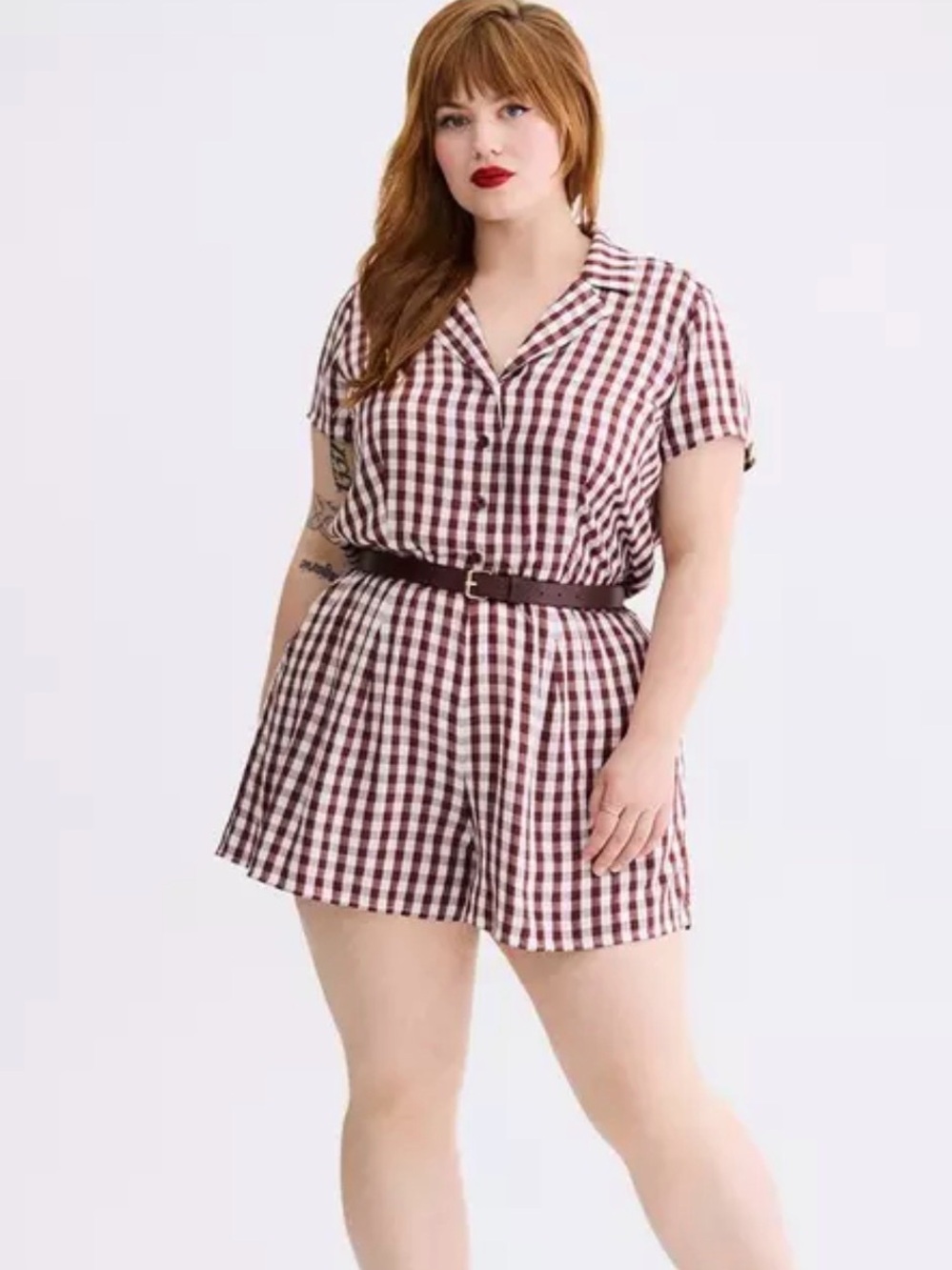 torrid Burgundy and White Gingham Shirt Romper